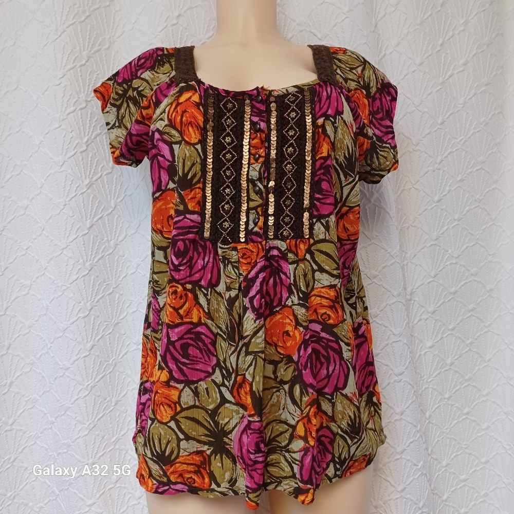 Christopher & Banks Women Size L Floral Blouse - Pink, Orange, Green